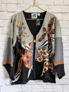 Vintage Storybook Knits Animal Print Floral Cardigan Sweater 2X NEW Black Brown